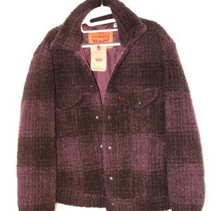 Levi's Cozy Men Faux Shearling Tyron Huckleberry Burgundy Plaid Jacket